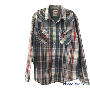 Levis Mens Sz XL Slim Fit Pearl Snap Western Style Long Sleeve Blue Plaid Shirt